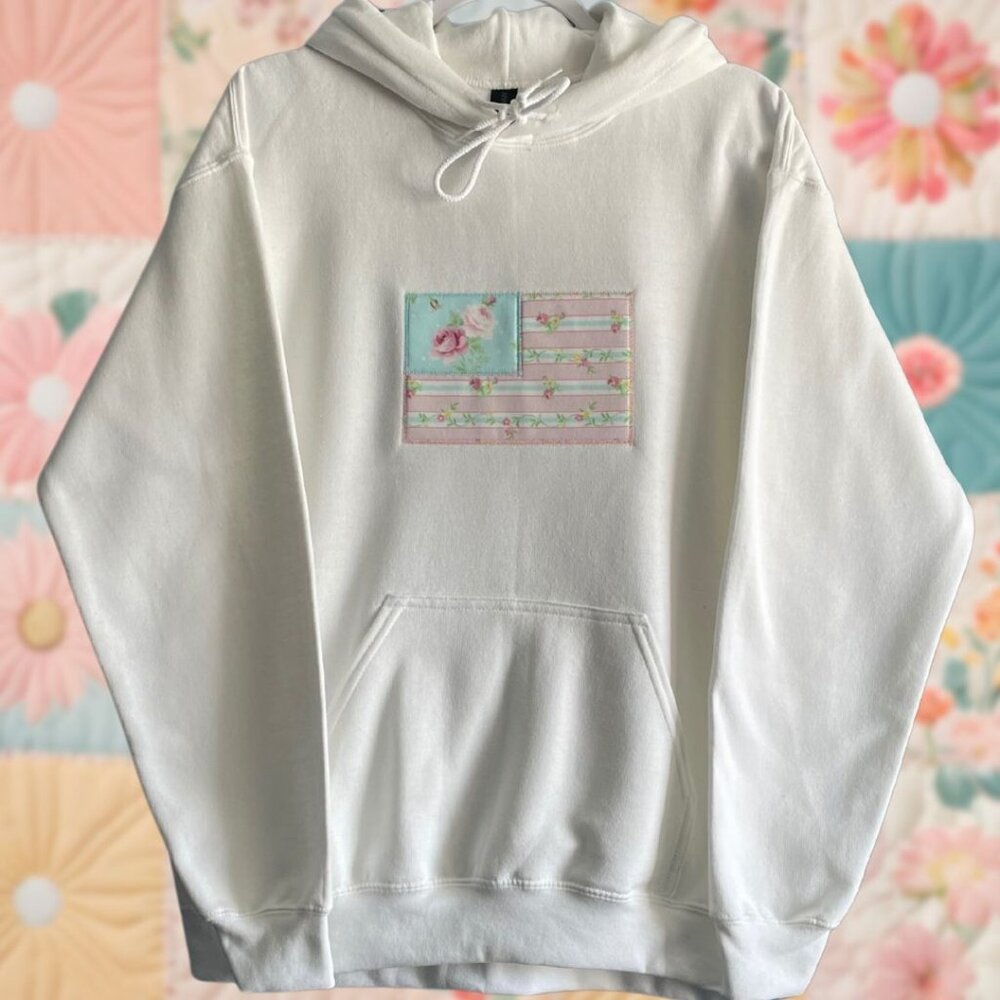 Patchwork Flag Floral Stripe Large White Embroide… - image 1